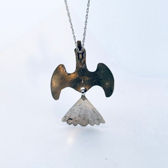 Vintage Sterling Silver Turquoise Inlay Thunderbird Pendant Necklace 10g, 16"in - Picture 4 of 11